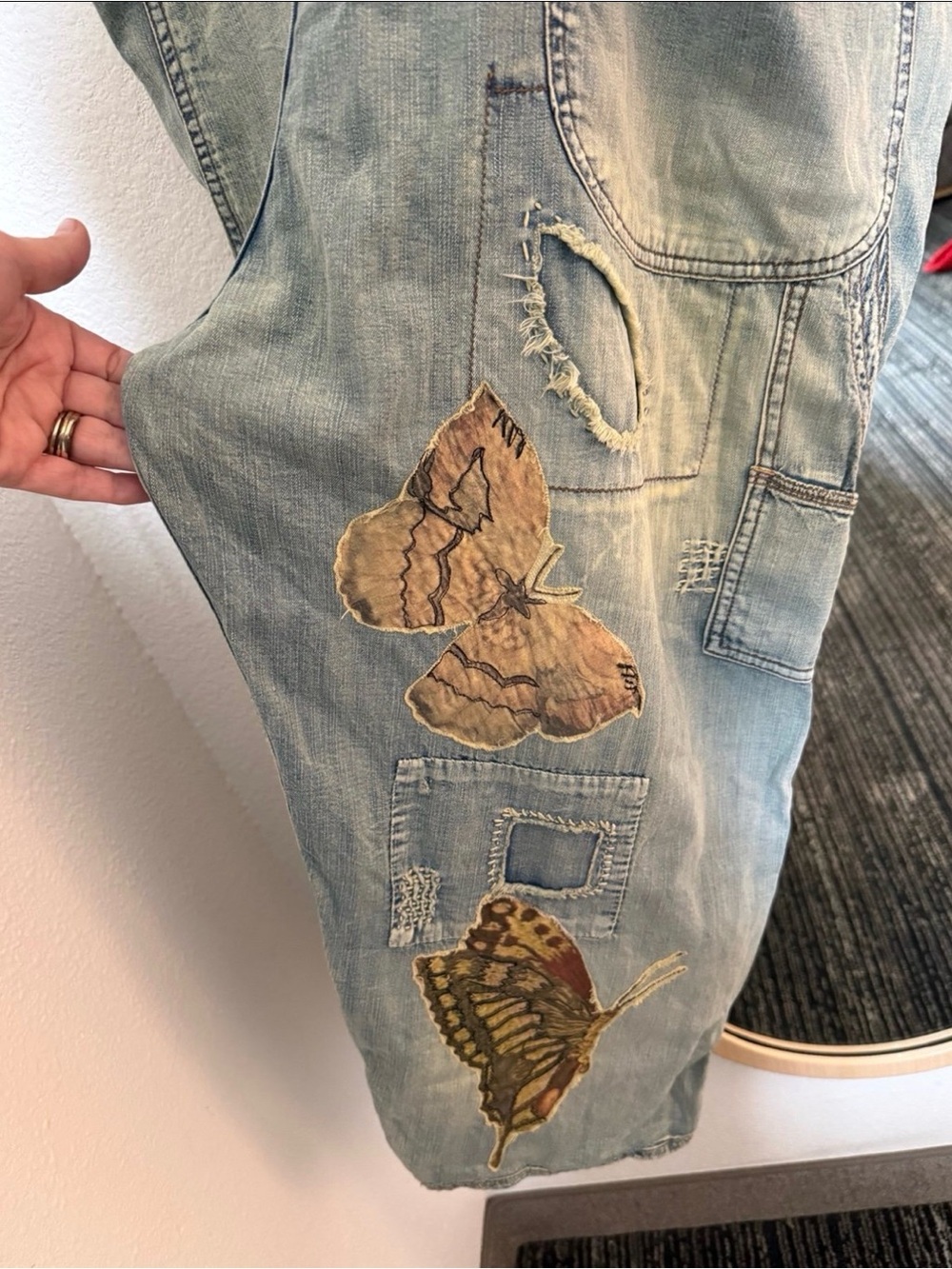 Magnolia Pearl Cotton Denim Appliqué Butterfly Overalls - Picture 7 of 14
